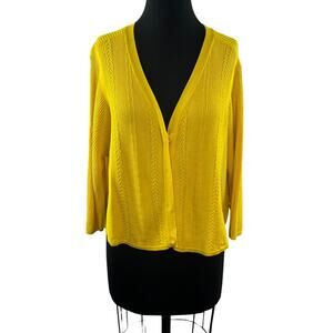 CABI Yellow Cardigan Sweater Cotton Cable Knit Ribbed Button Size S Small